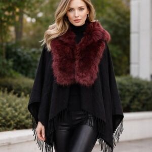 Jessica McClintock Faux Fur Trimmed Shawl Wrap Scarf Black Red Fringe One Size